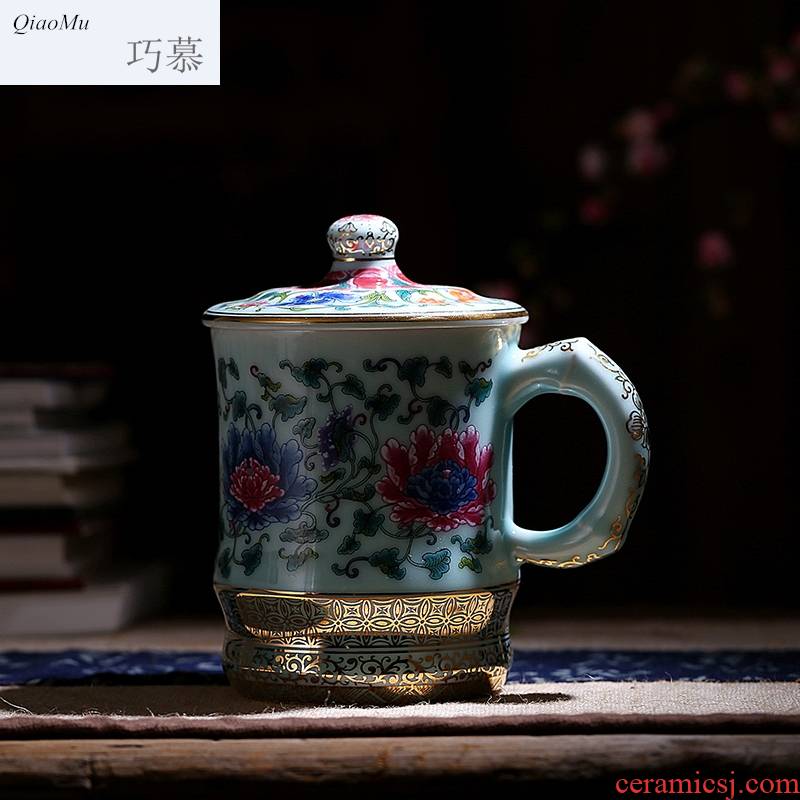 Qiao mu hand paint longquan celadon teacup tea cups office keller cup cup with cover cups
