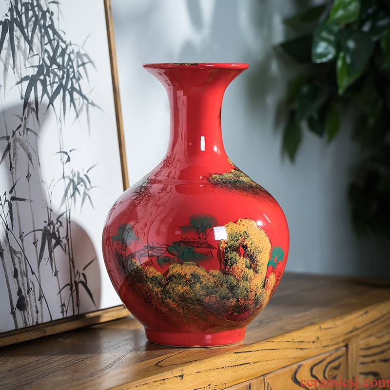 Jingdezhen ceramics hand draw freehand brushwork in traditional Chinese red porcelain vases, flower arrangement sitting room adornment of Chinese style household furnishing articles