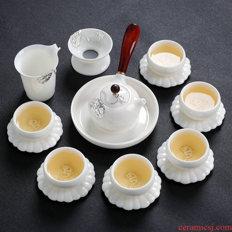 Jingdezhen suet jade white porcelain kung fu tea set of household ceramic cups teapot small set of living room office