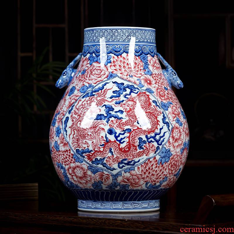 Jingdezhen ceramics antique hand - made youligong red dragon grain ears of blue and white porcelain porcelain tube vase expressions using furnishing articles