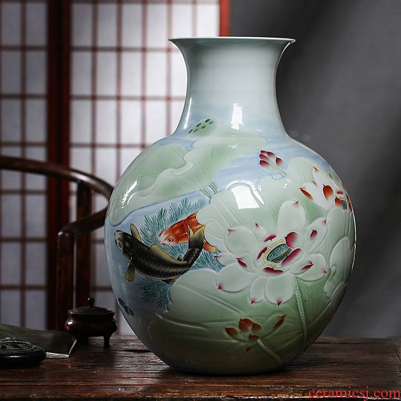 The Master of jingdezhen ceramic vase landing hand carved lotus Chinese style living room decoration office furnishing articles