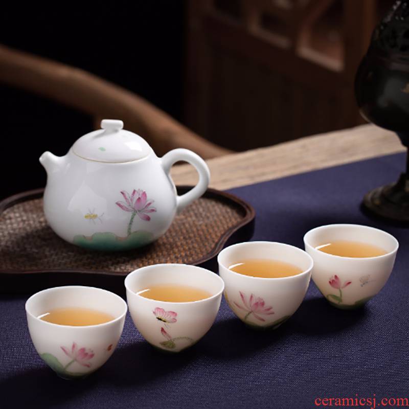 Suet jade porcelain ceramic masters cup hand - made lotus home white porcelain kung fu tea set cup sample tea cup teapot