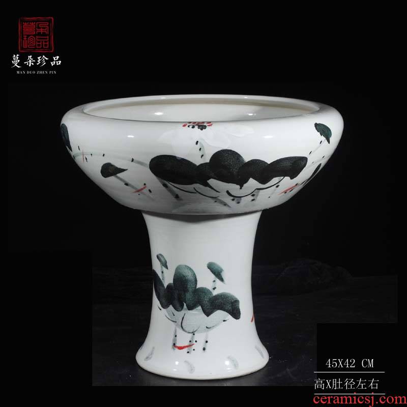Jingdezhen hand - made lotus high tank high ceramic water shallow cylinder courtyard sitting room balcony goldfish bowl