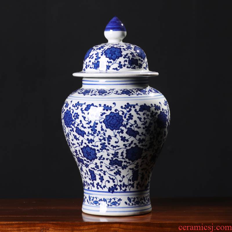 Jingdezhen ceramics bound lotus flower general blue and white porcelain jar furnishing articles storage tank with cover the sitting room of Chinese style household act the role ofing is tasted