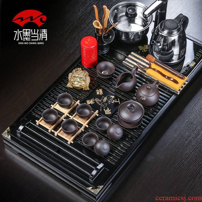 Kung fu tea set automatic water induction cooker four unity kembat drainage solid wood tea tray was purple sand cup suit household