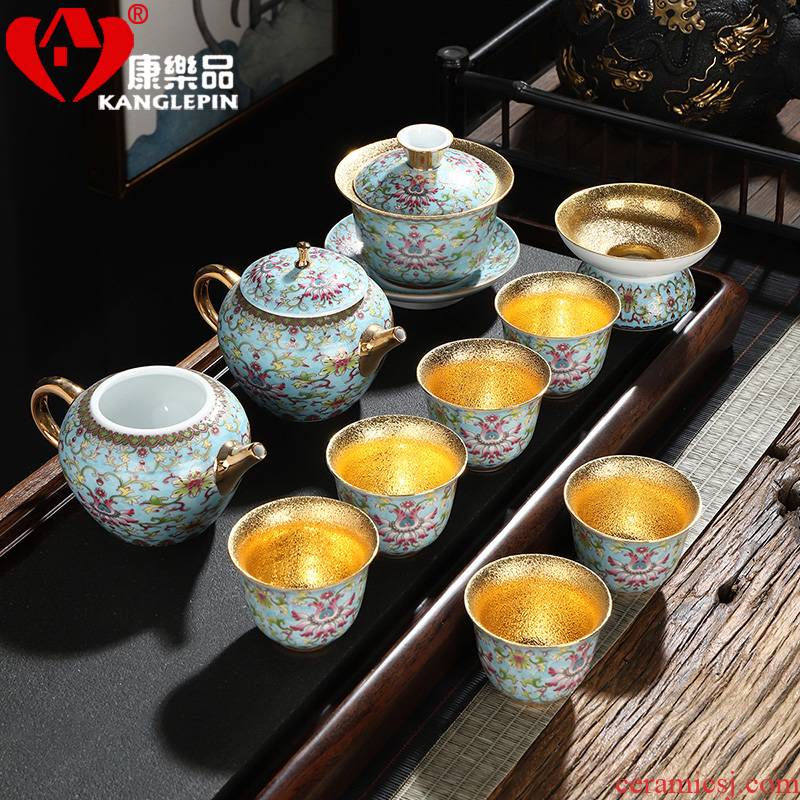 Recreational product gold colored enamel ceramic cups tea set a complete set of kung fu office gold box lid bowl