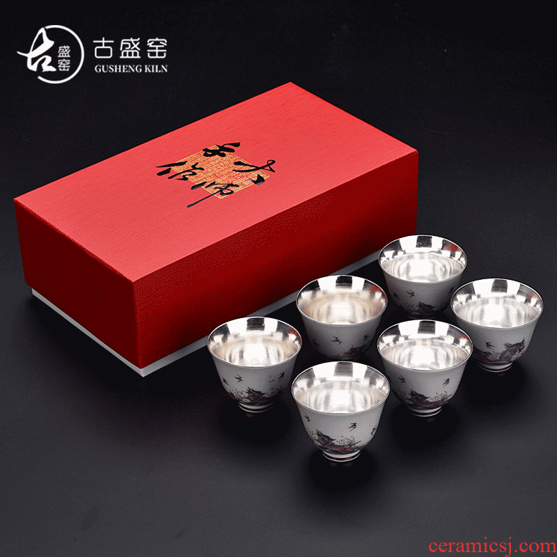 The ancient sheng up new gift boxes pure ceramic cups tasted silver gilding kung fu tea set a master cup single cup sample tea cup drawing