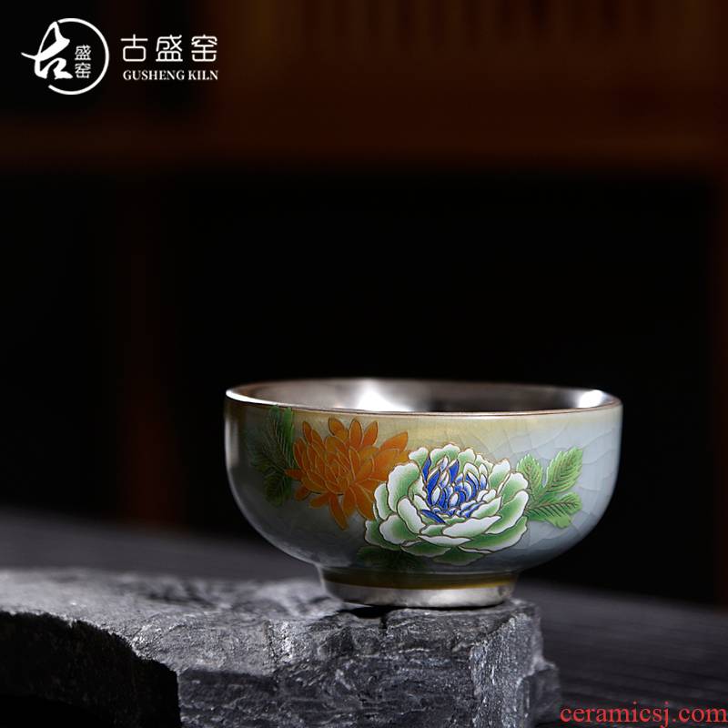 Ancient sheng up new peony silver household ceramic cups ru up market metrix who cup single CPU kunfu tea light to use color bucket