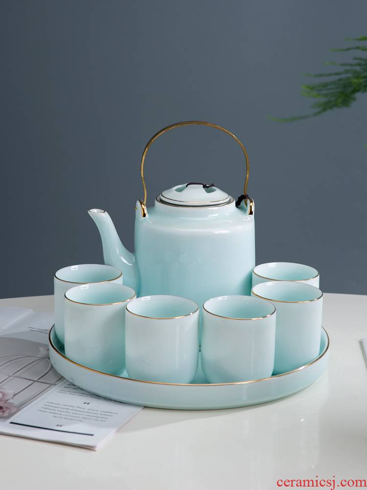 Jingdezhen ceramic tea set a visitor household contracted large celadon girder pot of tea tea tray teapot