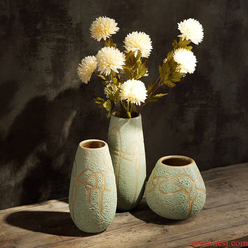 Retro ceramic green floret bottle of American rural living room desktop creative furnishing articles into the dried flower POTS coarse pottery