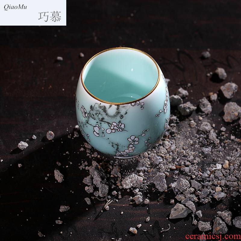 Qiao mu longquan celadon coloured drawing or pattern glass ceramic tea set personal tea cup master cup sample tea cup, kung fu tea set