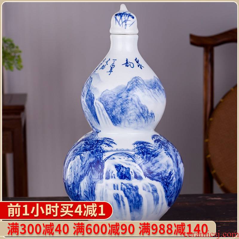 Jingdezhen blue and white ten catties ng mun - hon famous hand - made with ceramic terms bottle 10 jins jars wine gourd