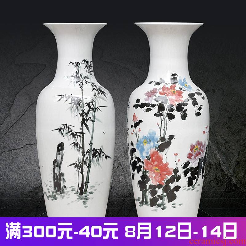 Jingdezhen ceramics painting landing big vase high furnishing articles of Chinese style living room painting peony open bamboo adornment