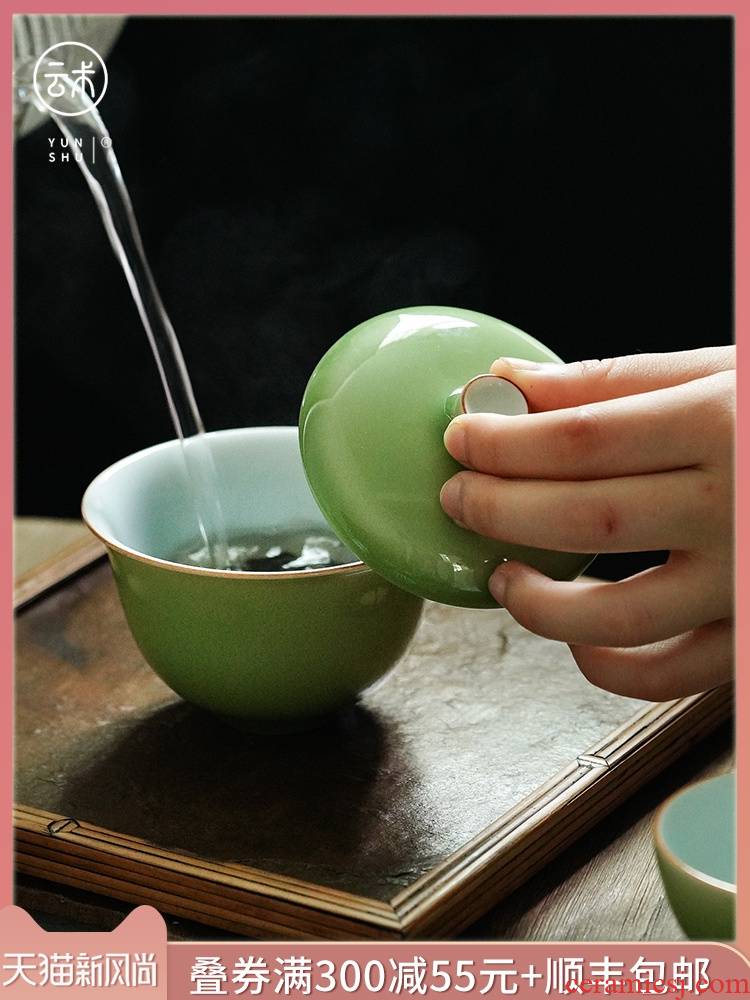 Cloud art of jingdezhen ceramic high - temperature ore jade glaze tureen three cups to use kung fu tea set by hand