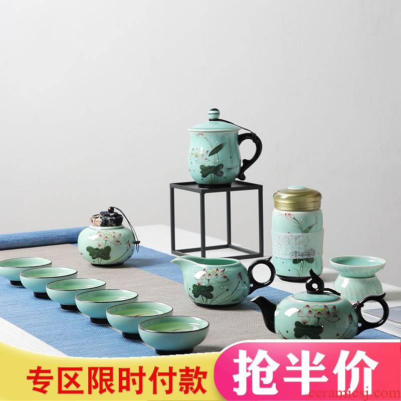 Red the jingdezhen ceramic celadon kung fu tea set suit household hand - made retro teapot small tea cups of tea