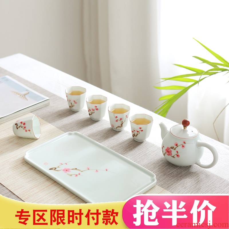 Jingdezhen kung fu tea set suit portable travel ceramic contracted teapot tea tray was white porcelain cups, small cups