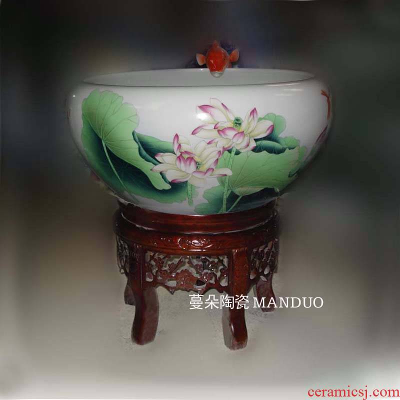 Jingdezhen hand - made lotus circulating water fountain aquarium porcelain circulation tank cylinder high solid wood base