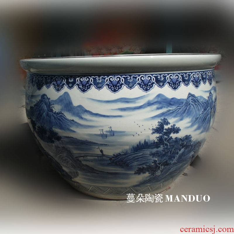 Jingdezhen blue and white landscape oversized hand - made porcelain big fish lotus lotus cylinder cylinder diameter 90-1 m