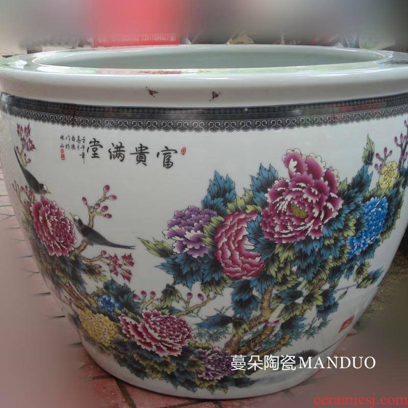 Jingdezhen porcelain peony riches and honour of the big cylinder elegant color sitting room big courtyard lotus cylinder cylinder diameter of 70
