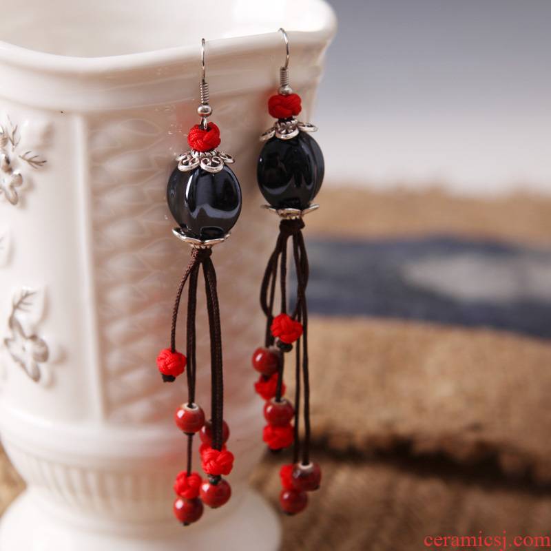 QingGe national wind earrings long temperament cloth art ceramic eardrop Chinese wind restoring ancient ways ancient costume earrings booth in supply