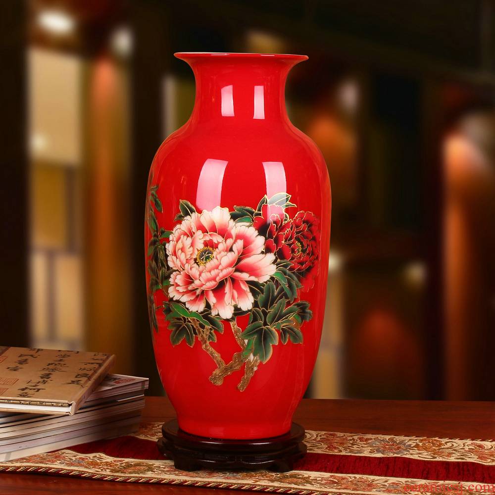 Chinese red straw jingdezhen ceramics vase peony riches and honour of Chinese style wedding anniversary gifts decorative furnishing articles