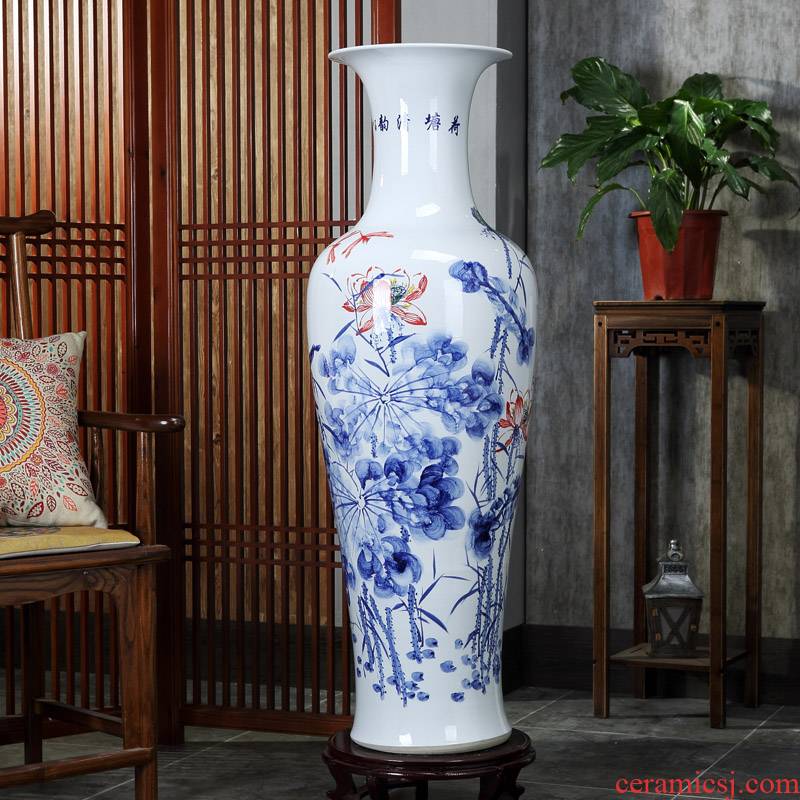 Jingdezhen ceramic fish landing big vase hand - made lotus landscape ceramic vase sitting room home decoration