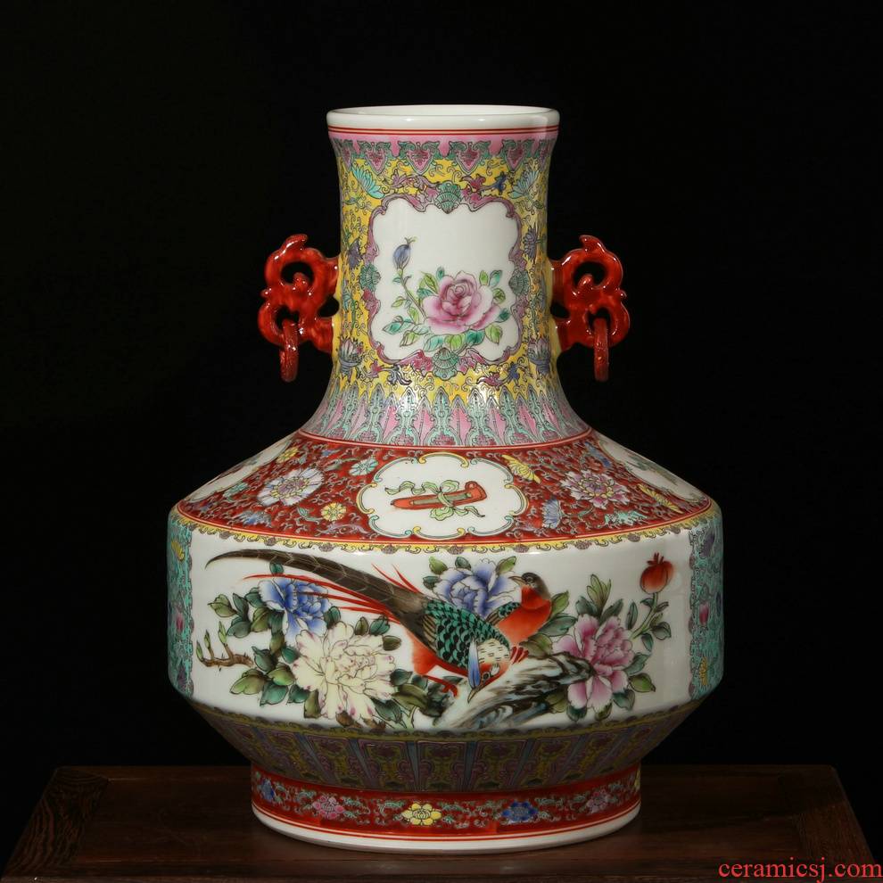 Antique hand - made enamel factory goods jingdezhen vase peony flowers and birds ears ceramic vases, restore ancient ways the adornment that occupy the home