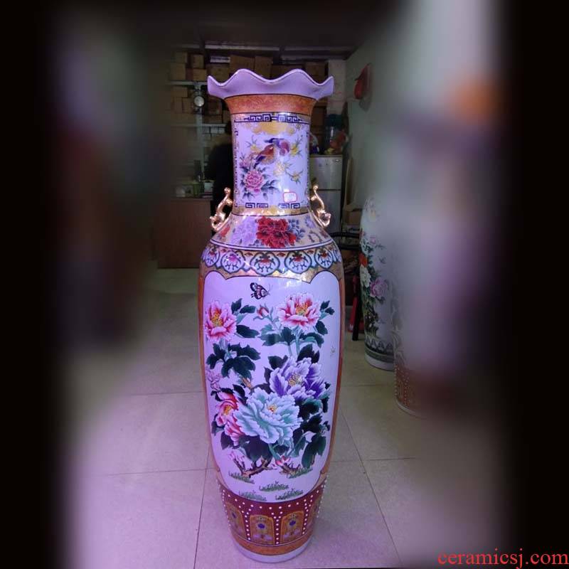 Jingdezhen color double phoenix ear red peony decorative vase is 1.3 meters high display of large vase