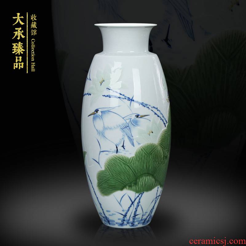 LuYiGang jingdezhen ceramics hand - made porcelain carving shadow blue glaze lotus heron vase handicraft furnishing articles