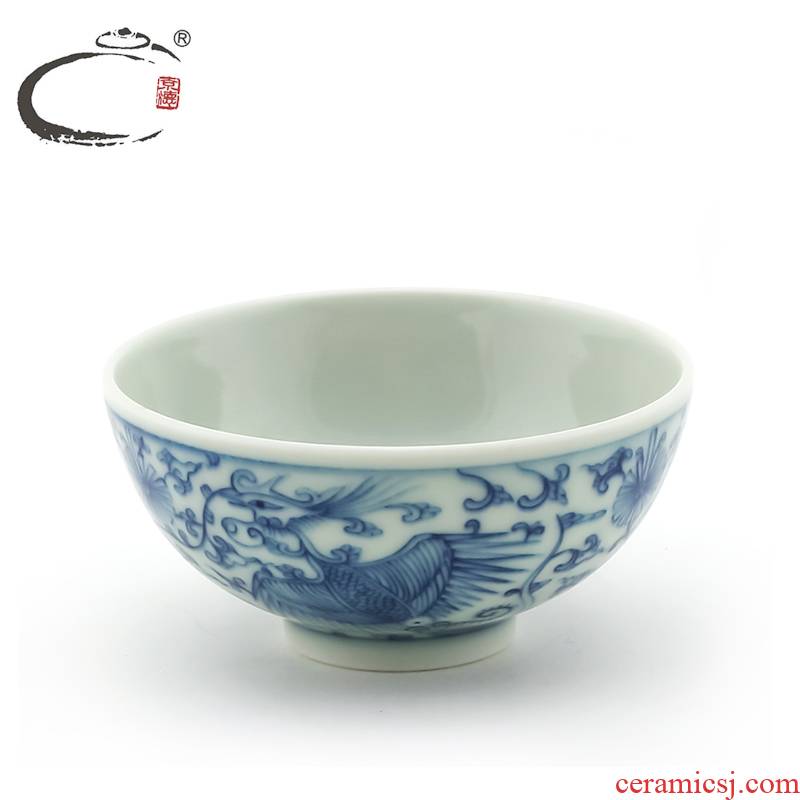 And auspicious blue - And - white uncluttered double phoenix cup of jingdezhen ceramic hand - made kung fu tea set sample tea cup bowl tea cup