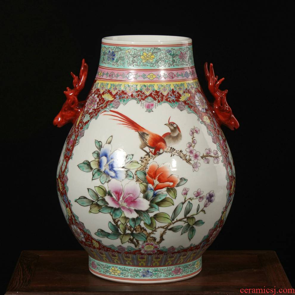 Art famille rose porcelain factory goods ears flower vase peony deer head statute of Ming and the qing Chinese household adornment furnishing articles