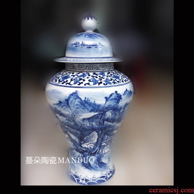 Jingdezhen porcelain, general tank hand - made scenery general canister to display the general blue and white porcelain pot at home