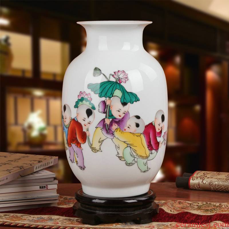 Famous Xia Guoan high - grade gift porcelain vase hand - made works of jingdezhen ceramics powder enamel the lad east gourd bottle