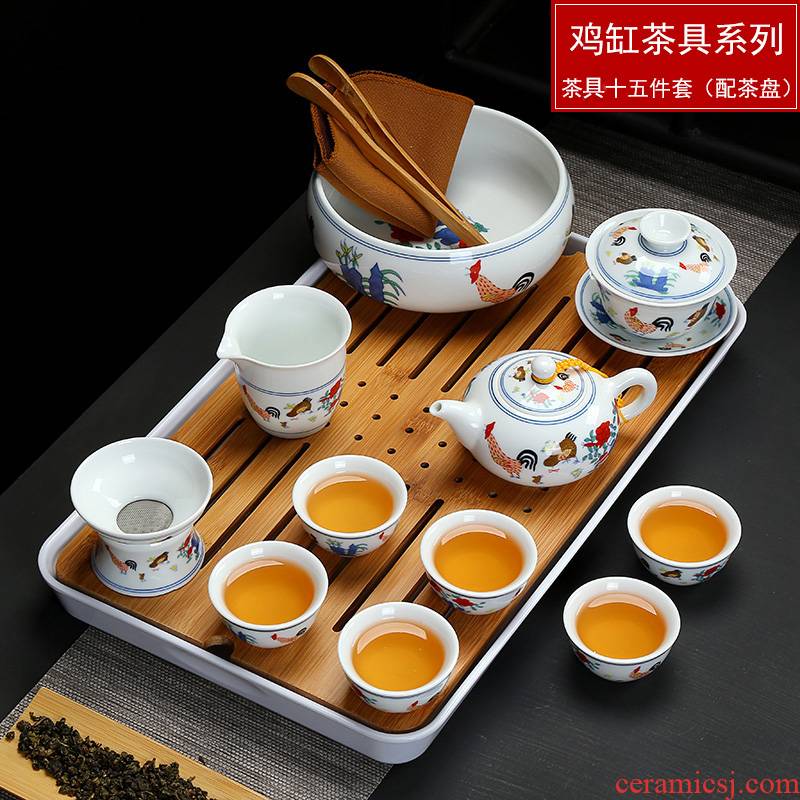 Blue and white porcelain tea sets the whole chicken cylinder cup kung fu tea set Ming chenghua bucket color restoring ancient ways antique tea set tea service