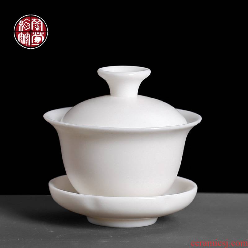 Suet jade bowl is pure manual dehua white porcelain three tureen only three sets of kung fu tea set dip teapot tea cups