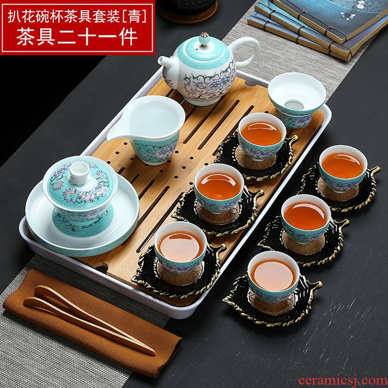 Full color blue and white kung fu tea set manually set ceramic household whole teapot tea cup tureen tea taking group