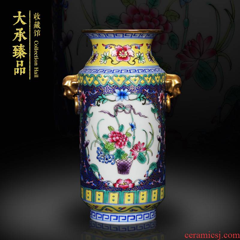 Jingdezhen ceramics colored enamel double head gold blue flower vase household altar collection handicraft furnishing articles