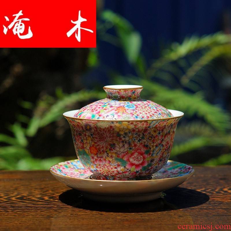 Submerged wood jingdezhen hand - made famille rose flower covered bowl bowl kung fu tea set three antique porcelain bowl