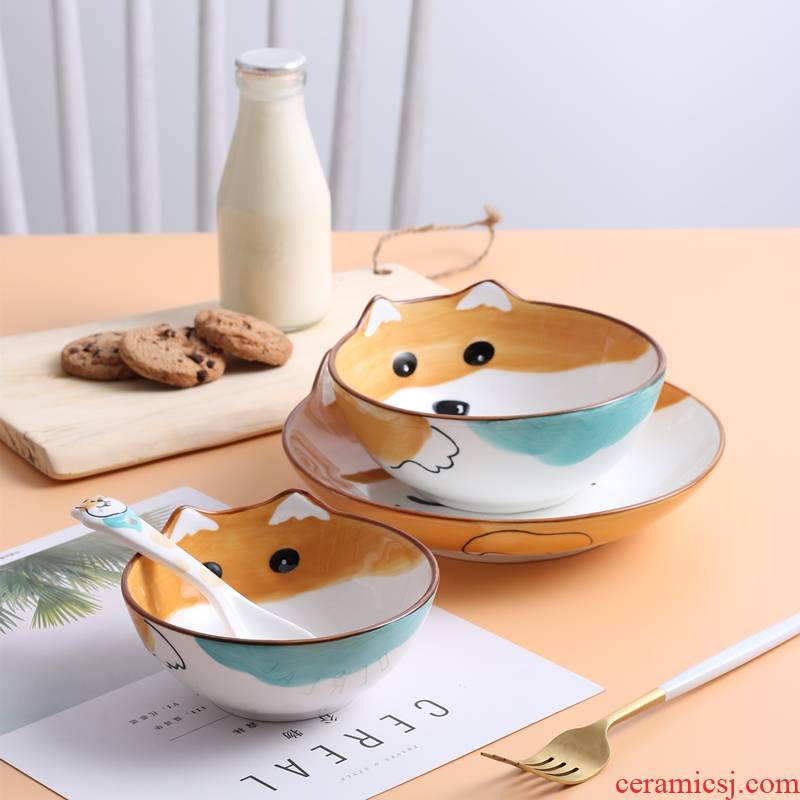 Cartoon creative move ceramic bowl home baby, lovely children tableware hand - made shiba inu huskies dishes spoons