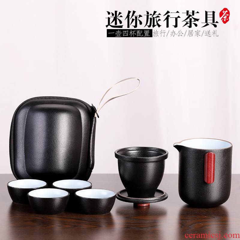 Black pottery travel tea set a pot of four cups of small portable bag in Japanese contracted kung fu 4 cups is suing travel