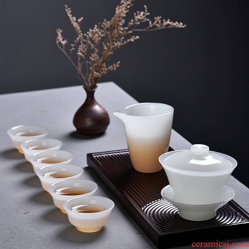 The ancient three new six white jade porcelain kung fu sheng up with white porcelain bowl with jade fish six cup just a cup of tea set