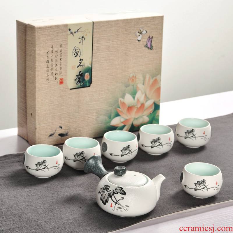 Ceramics kung fu tea sets snowflake enamel teapot teacup with gift bag of a complete set of tea bag in the mail