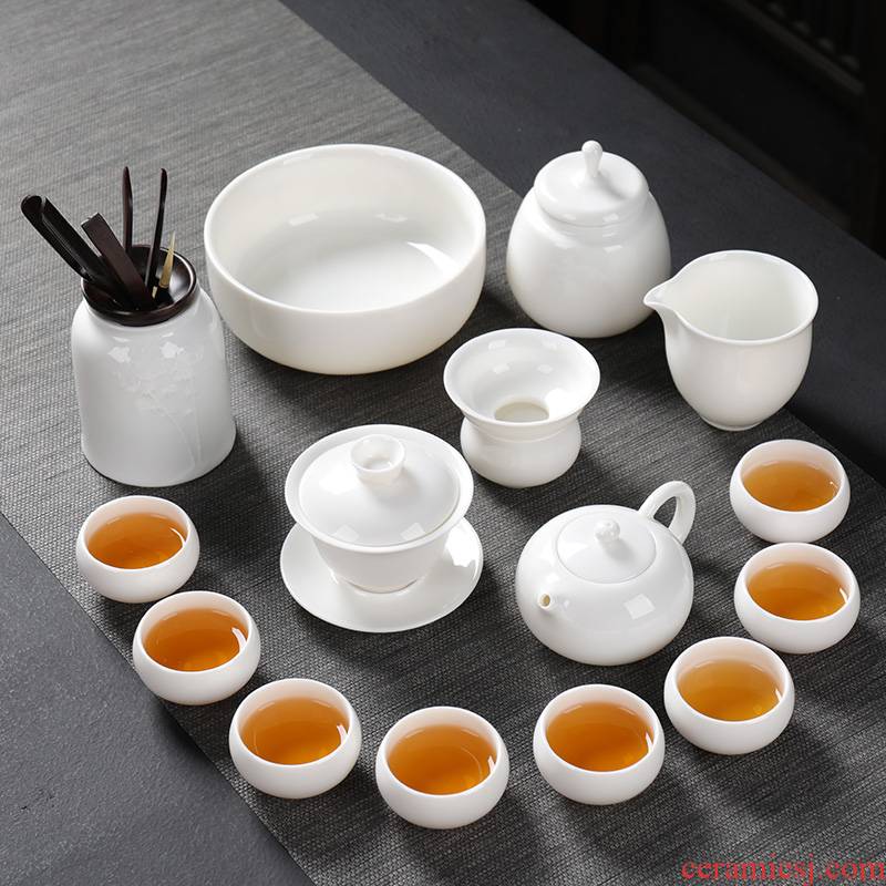 Ya xin a complete set of white porcelain tea set ceramic household kung fu tea set contracted Japanese tureen dehua white tea tray