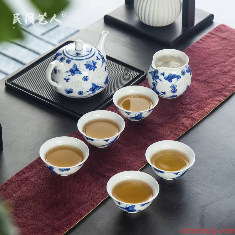 Hand made blue and white porcelain LvKong transparent meters through exquisite ceramic teapot teacup kung fu tea set gift box of a complete set of suits for