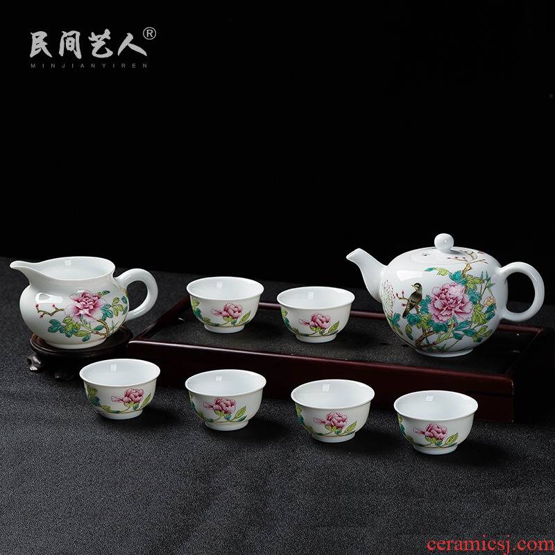 Jingdezhen ceramic hand - made 8 head tea powder enamel kung fu tea set tea tea cup pot set of 6 people use