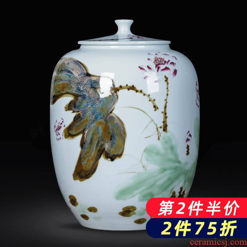Jingdezhen porcelain ceramic hand - made large caddy fixings puer tea cake tin with belt cover barrel seal storage tanks