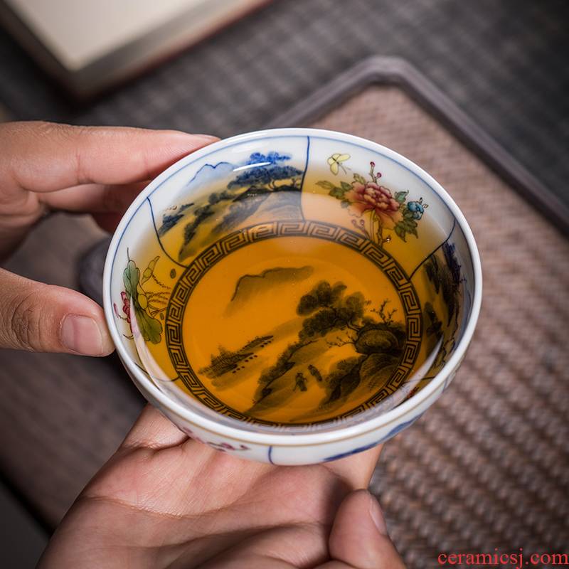 The Owl up jingdezhen blue and white landscape tea cups kongfu master cup drawing window shochiku name plum flower bird cup