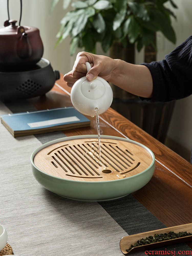 Jingdezhen ceramic tea tray household kung fu tea water Japanese circular mini dry small tea bamboo saucer dish