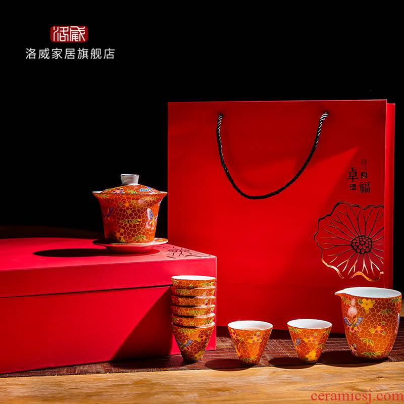 Touch the floor clearance 】 【 kung fu tea set suit household jingdezhen ceramic hand - made tureen fair keller cups