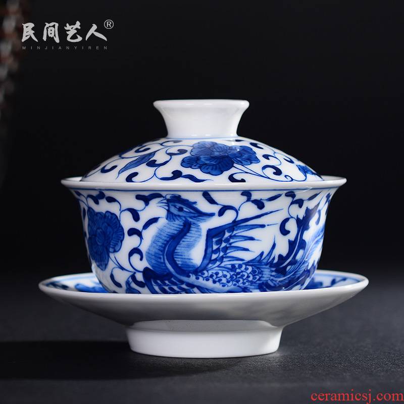 Ceramic tureen tea cup three to use hand draw phoenix jingdezhen blue and white kung fu tea set high white porcelain bowl